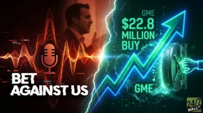 A split image with a central lightning bolt. On the left, a red-hued scene with sound waves, a microphone icon, and the text 'BET AGAINST US' in a glitchy font, with a blurred man in a suit in the background. On the right, a green-hued scene showing an upward stock arrow graph with 'GME' and '$22.8 MILLION BUY' text. A hand is turning the wheel of a large, metallic vault door. The bottom right features the '24/7 WALL ST' logo.
