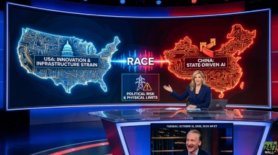 A blonde news anchor in a dark blue suit sits at a transparent desk, gesturing towards a large curved video wall. The video wall displays a blue, glowing map of the USA on the left, labeled 'USA: INNOVATION & INFRASTRUCTURE STRAIN' with a Capitol building icon. On the right, a red, glowing map of China is shown, labeled 'CHINA: STATE-DRIVEN AI' with a Great Wall icon. The word 'RACE' in glowing letters sits between the maps, connected by pulsing lines. Below 'RACE,' an electrical tower warning symbol is present with text 'POLITICAL RISK & PHYSICAL LIMITS.' A small screen on the desk base shows a smiling Bill Maher with the date Tuesday, October 13, 2026, 12:02 AM ET.