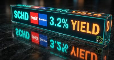 Focusing on the high-profile holdings (Qualcomm and Coca-Cola) grounds the ETF in reality, while the high-saturation glass reflection adds a premium, 'Wall Street' aesthetic that commands authority.