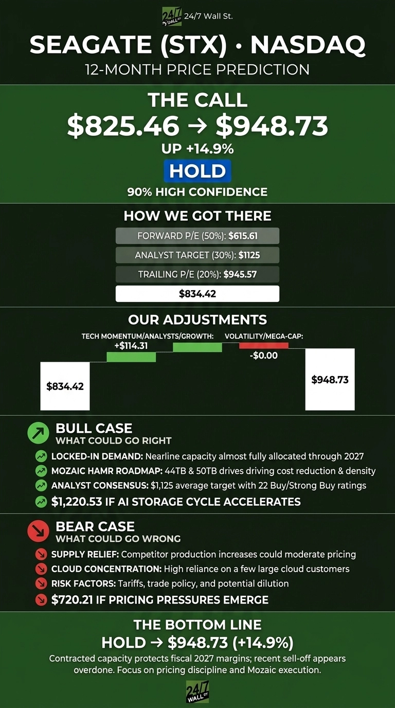An infographic titled 'Seagate (STX) • NASDAQ 12-Month Price Prediction' with a dark green background. The call is 'HOLD' with a price increase from $825.46 to $948.73, representing an 'UP +14.9%' and '90% HIGH CONFIDENCE'. A section 'HOW WE GOT THERE' shows contributions from 'FORWARD P/E (50%): $615.61', 'ANALYST TARGET (30%): $1125', and 'TRAILING P/E (20%): $945.57', totaling $834.42. 'OUR ADJUSTMENTS' illustrates $834.42 increasing by 'TECH MOMENTUM/ANALYSTS/GROWTH: +$114.31' and a 'VOLATILITY/MEGA-CAP: -$0.00' to reach the target of $948.73. The 'BULL CASE' outlines factors like 'LOCKED-IN DEMAND', 'MOZAIC HAMR ROADMAP', 'ANALYST CONSENSUS: $1,125 average target', and '$1,220.53 IF AI STORAGE CYCLE ACCELERATES'. The 'BEAR CASE' lists risks such as 'SUPPLY RELIEF', 'CLOUD CONCENTRATION', 'RISK FACTORS', and '$720.21 IF PRICING PRESSURES EMERGE'. The bottom line reiterates 'HOLD → $948.73 (+14.9%)' and provides additional context.