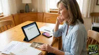 A woman with light brown hair sits at a wooden table, looking thoughtfully at a tablet displaying a calendar with '60th BIRTHDAY' circled. On the table are a smartphone showing a 'Dating' app icon, 'Social Security Administration' documents, a 'Wedding Planner' book, and an old black and white photograph.