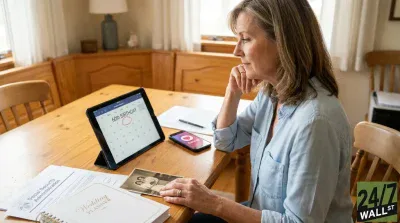A woman with light brown hair sits at a wooden table, looking thoughtfully at a tablet displaying a calendar with '60th BIRTHDAY' circled. On the table are a smartphone showing a 'Dating' app icon, 'Social Security Administration' documents, a 'Wedding Planner' book, and an old black and white photograph.