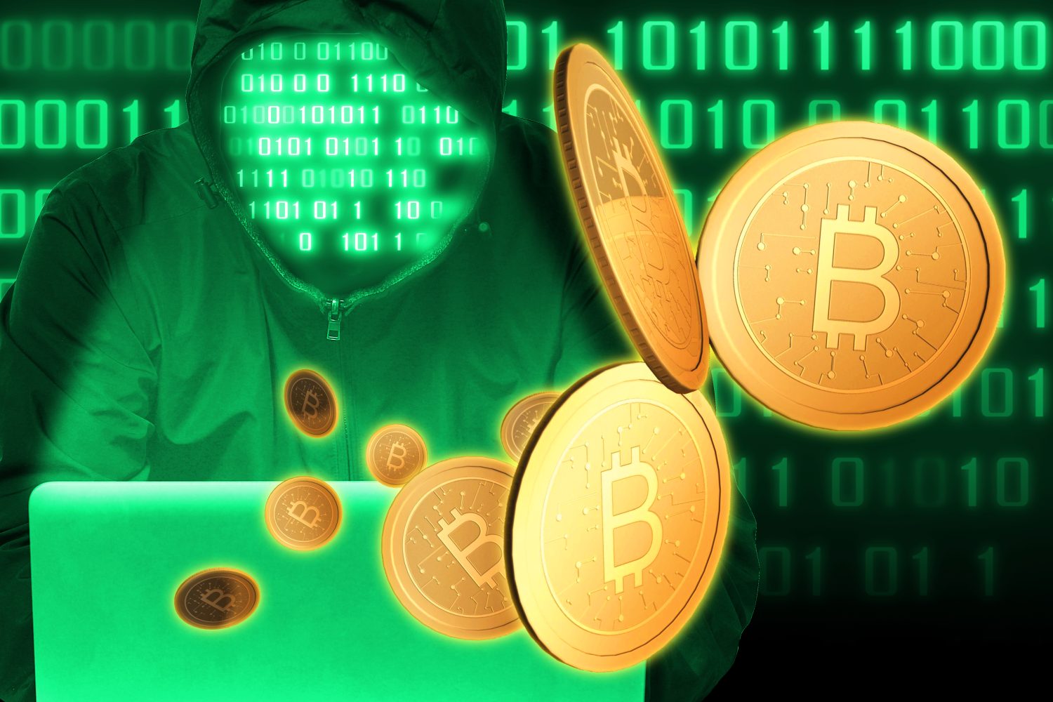 Hacker attack network for hack digital currency coin with notebook on green digital background.