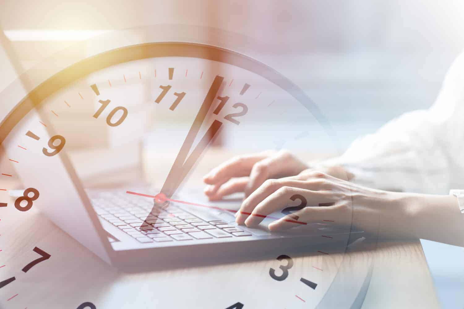 Business working times concept people work typing on laptop computer overlay with in time clock to lunch break