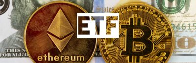Dollar bill with ETF sign, one ethereum and one bit coin gold coins.
