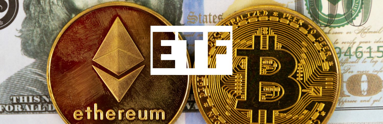 Dollar bill with ETF sign, one ethereum and one bit coin gold coins.