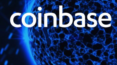 Coinbase cryptocurrency stock market name on abstract digital background. Coinbase logo with Bitcoin cryptocurrency in the United States. Coinbase cryptocurrency exchange.