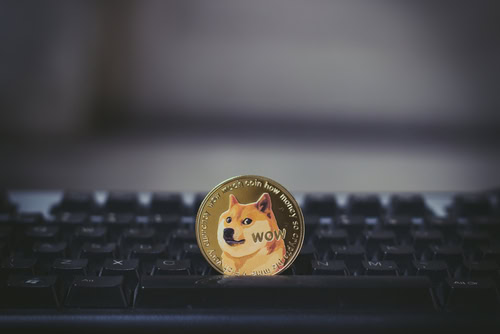 One Golden Dogecoin Coin on keyboard