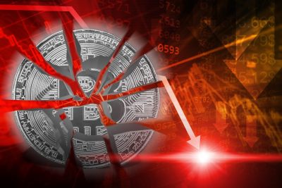 Bitcoin breaking price fall down below drop over sell-off in the crypto market. Cryptocurrency plunged negative value crash concept.