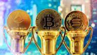 Candle stick graph chart and digital background.Golden coin with icon letter bitcoin, ethereum, Solana or blockchain technology