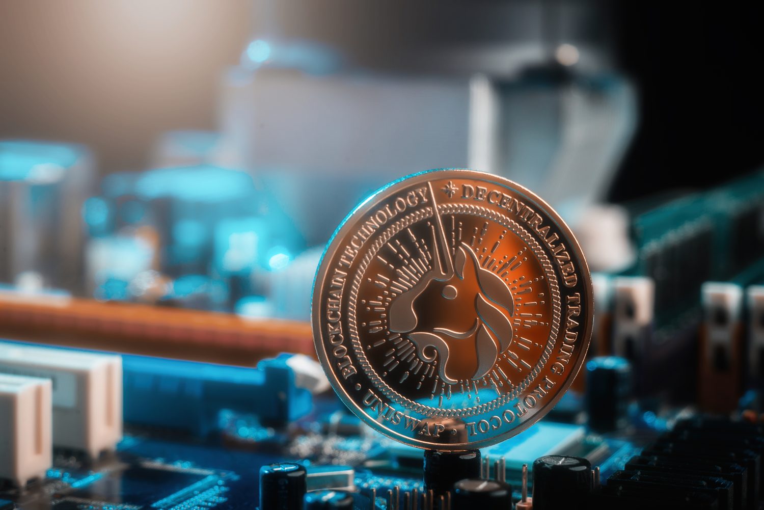 Uniswap coin on the background of the Motherboard. Macro shot of a UNI coin on a computer board. Uniswap against the background of electronic chips