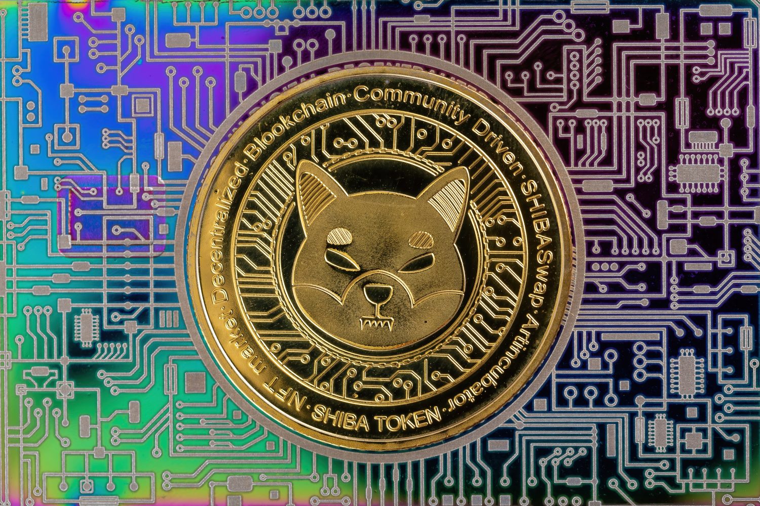 Cryptocurrency concept. A macro shot of SHIBA INU cryptocurrency coin on top of a rainbow printed PCB circuit.