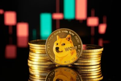 Dogecoin cryptocurrency is shown with a trading chart that shows market fluctuations.