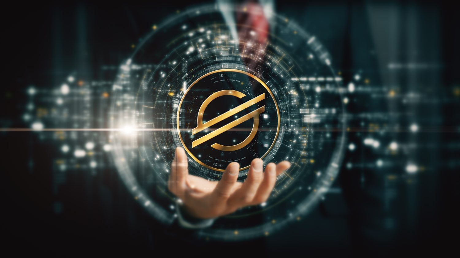 Futuristic digital background highlighting advanced cryptocurrency and encryption technology, featuring blockchain networks and secure cryptographic systems : Stellar, XLM