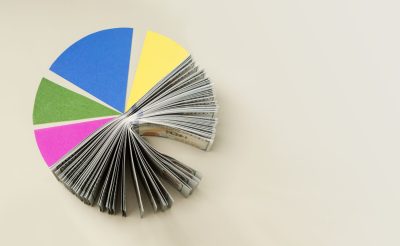 US dollar Pie Chart representing Smart portfolio allocation between cash and assets, diversified financial strategy. table top view