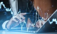Businessman interacting with digital stock chart interface, modern creative style, blurred office background, concept of market analysis and forex
