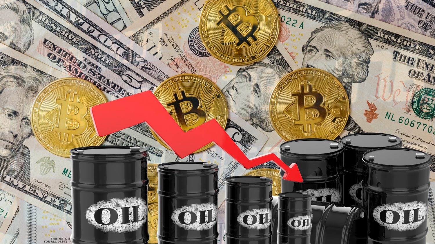 A red downward-pointing arrow over oil barrels, Bitcoin coins, and US dollar bills illustrates falling commodity and crypto prices, reflecting geopolitical and economic instability.