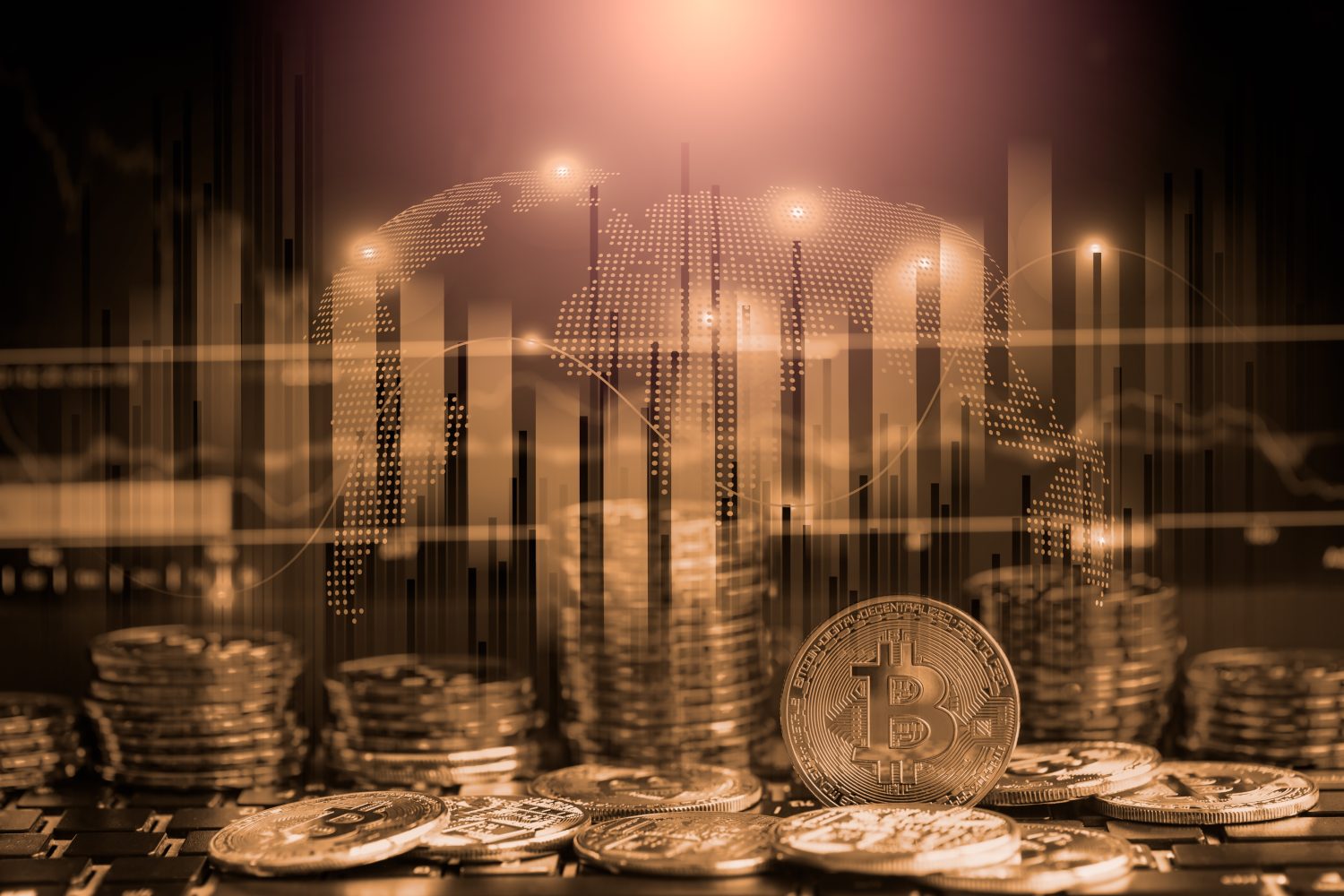 Modern way of exchange. Bitcoin is convenient payment in global economy market. Virtual digital currency and financial investment trade concept. Abstract cryptocurrency with gold bitcoin background.