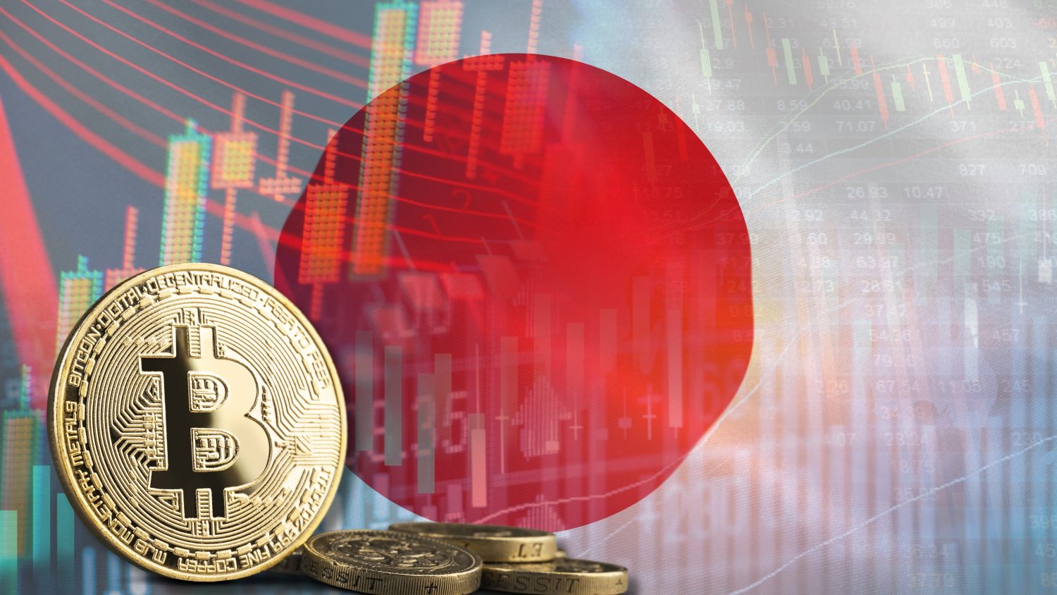 Bitcoin Japan and the volatile financial market, depicted with yellow cryptocurrency, the national flag, and a red stock market chart showing a decline, along with digital trading data.