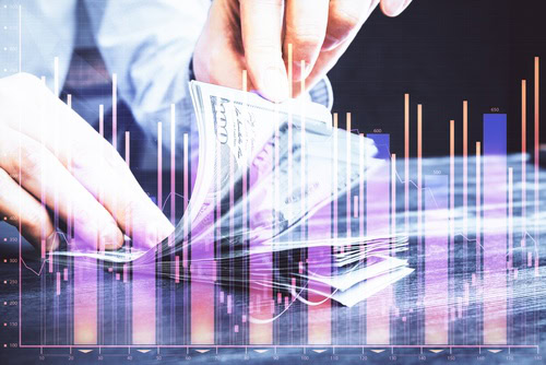 Multi exposure of forex graph drawing hologram and USA dollars bills and man hands. Technical Analysis concept.