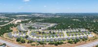 Aerial view of over 55 community in Georgetown Texas with lawns irrigated in summer heat