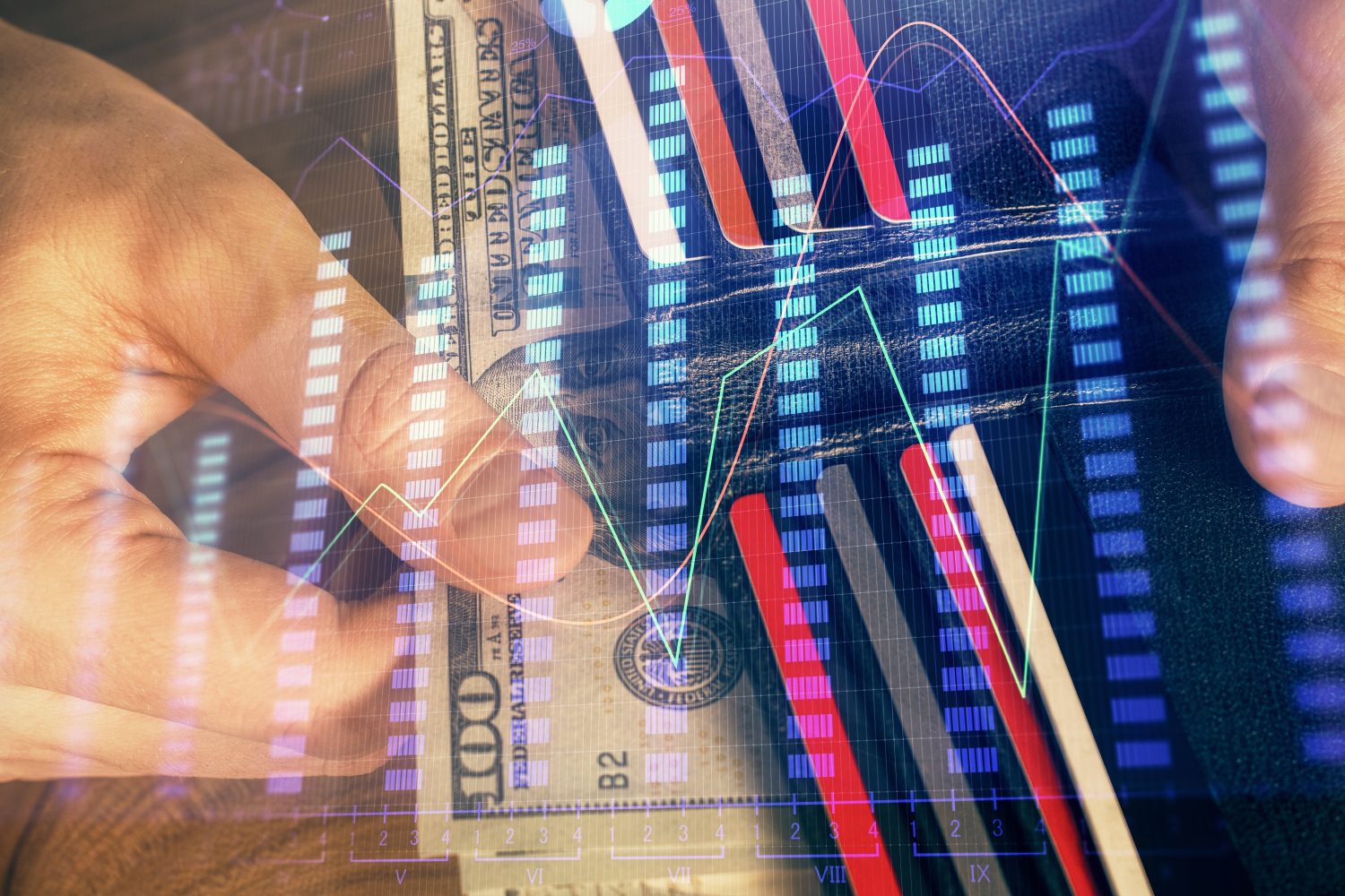 Multi exposure of forex graph drawing hologram and USA dollars bills and man hands. Technical Analysis concept.