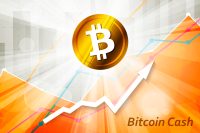 Bitcoin cash cryptocurrency in the bright rays on background with statistics chart and arrow going up