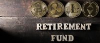 Popular cryptocurrencies with RETIREMENT FUND text on dark wooden background.