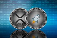 Stellar (XLM) and XRP coins on the binary code background; stellar vs xrp