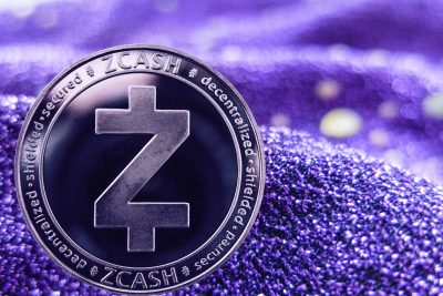 Coin cryptocurrency zcash and neon fabric background. zec
