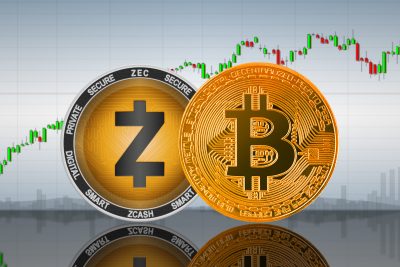 Bitcoin (BTC) and Zcash (ZEC) coins on the background of the chart; bitcoin and zcash cryptocurrency; crypto exchange