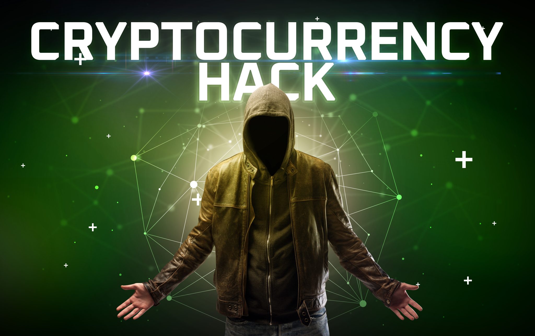 Mysterious hacker with CRYPTOCURRENCY HACK inscription, online attack concept inscription, online security concept