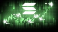 Solano (SOL) Cryptocurrency Symbol with stock-market diagram in glowing green color background.Price rise,high profit,going up digital and technology concept.