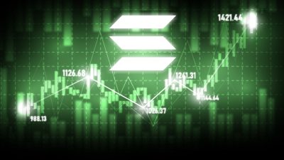 Solano (SOL) Cryptocurrency Symbol with stock-market diagram in glowing green color background.Price rise,high profit,going up digital and technology concept.