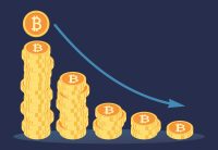 bitcoin digital cryptocurrency value price fall drop concept. Bitcoin crashed. Bitcoin price has dropped. Red down arrow. Departure BTC. Bitcoin fell. Cryptocurrency trading crisis. vector