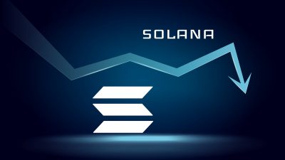 Solana SOL in downtrend and price falls down. Cryptocurrency coin symbol and down arrow. Crushed and fell down. Cryptocurrency trading crisis and crash. Vector illustration.