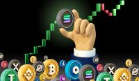 solana sol cartoon hand holding Cryptocurrency Crypto DeFi Coin going up with green candles on a black isolated background 3d rendering illustration