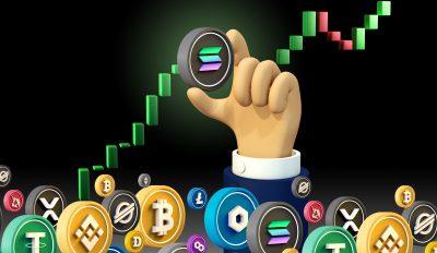 solana sol cartoon hand holding Cryptocurrency Crypto DeFi Coin going up with green candles on a black isolated background 3d rendering illustration