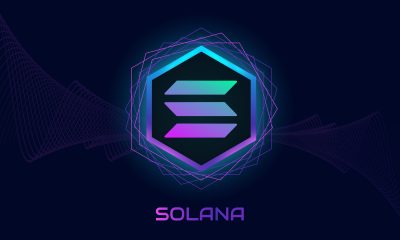 Solana (SOL) logo.Crypto currency purple theme background.Neon design.