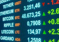 Bitcoin, Ripple and other crypto currencies on a trading screen. Close-up screen. 3D illustration