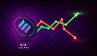 Solana (SOL) coin purple. Cryptocurrency token symbol with stock market investment trading graph green and red. Coin icon on dark  background. Economic trends business concept. 3D Vector illustration.