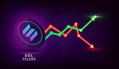 Solana (SOL) coin purple. Cryptocurrency token symbol with stock market investment trading graph green and red. Coin icon on dark  background. Economic trends business concept. 3D Vector illustration.