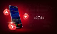 Avalanche (AVAX) coin and Phone. App for trading crypto currency on the touch screen smartphone. Data analytics stock market. Trends and financial strategy. Mobile banking cryptocurrency. Vector 3d.