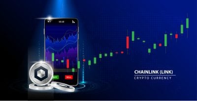 Silver Chainlink (LINK) Cryptocurrency blockchain. Online payment Blue background. Hand holding smartphone with money payment app bank Secure mobile banking finance concept Vector illustration 3D.