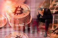 stressed sad businessman with a strain of bitcoin digital stock market graph bar. Cryptocurrency. Bitcoin Stock down. Investing in virtual assets. Investment platform with charts and bitcoin coin.