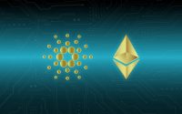 ethereum and cardano coin virtual currency views. 3d illustrations