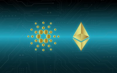 ethereum  and cardano coin virtual currency views. 3d illustrations