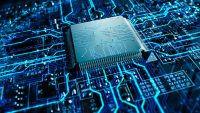 Advanced Technology Visualization: 3D Render of Circuit Board CPU Processor Microchip Starting Artificial Intelligence Digitalization of Neural Networking and Cloud Computing Data. Digital Lines.