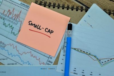 Concept of Small - Cap write on sticky notes isolated on Wooden Table. Selective focus on Small cap text