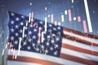 Double exposure of abstract creative financial diagram and world map on US flag and blue sky background, banking and accounting concept